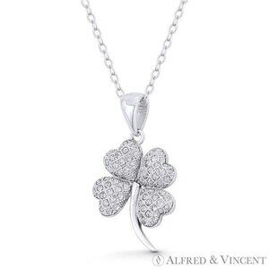 4-Leaf Clover Shamrock Irish Luck Charm CZ Crystal .925 Sterling Silver Pendant